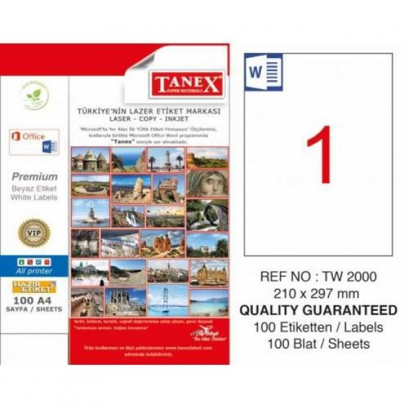 Tanex A4 Laser Etiket 210 x 297 mm, Tw-2000 Ücretsiz Kargo