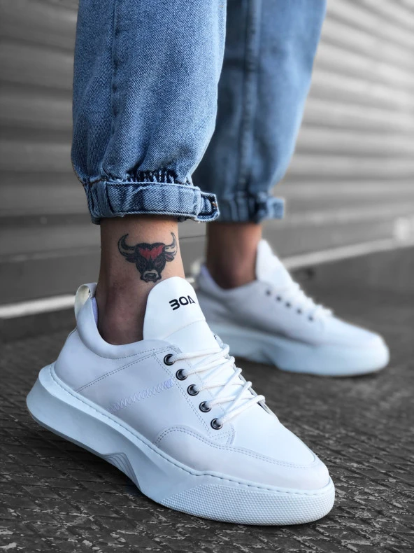 BA0163 Bağcıklı Erkek Yüksek Taban Beyaz Spor Ayakkabı - Resim 2