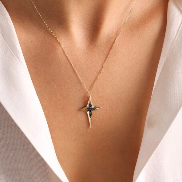 14K Altın Pole Star Kolye Onix  3,0 cm