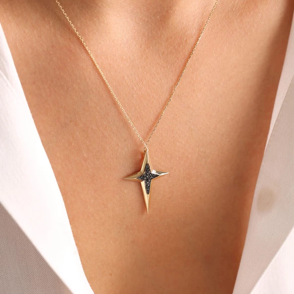 14K Altın Pole Star Kolye Onix  3,0 cm - Resim 3