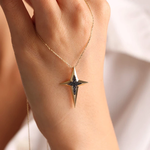 14K Altın Pole Star Kolye Onix  3,0 cm - Resim 2