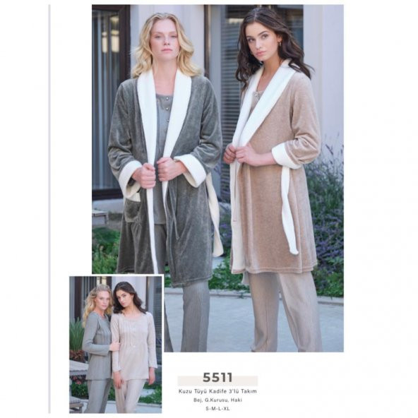 Bone Club 5511 Haki Kuzu Tüyü Kadife 3Lü Lohusa Pijama Sabahlık Tk - Resim 2