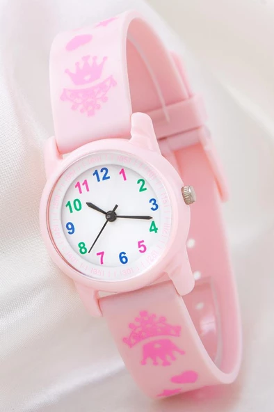 Yeni Model Toz Pembe Kalpli Prenses Tacı Analog 6-13 Yaş Kız Çocuk Kol Saati ST-304187