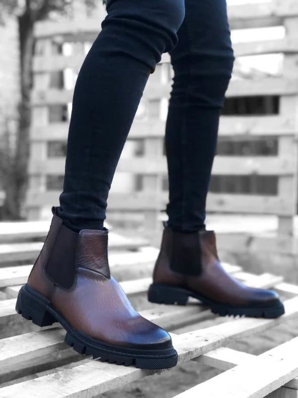 BA0214 Chelsi Cilt Taba Bağcıksız Erkek Spor Postal Bot - Resim 2