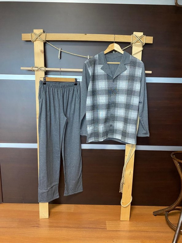 Erkek Lacivert Hakim Yaka Önden Düğmeli Gömlek Uzun Kol Çizgili Pamuklu Göğüs Cepli Pijama Takımı - 8