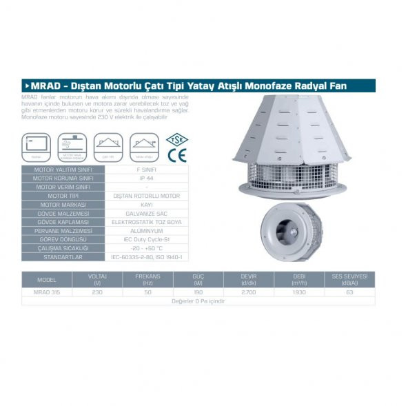 Kayıtes Mrad 315 Dıştan Motorlu Çatı Tipi Yatay Atışlı Radyal 310mm Fan 1930 m3/h Yerli Üretim Monofaze Havalandırma Fanı AGMair Agm - 2