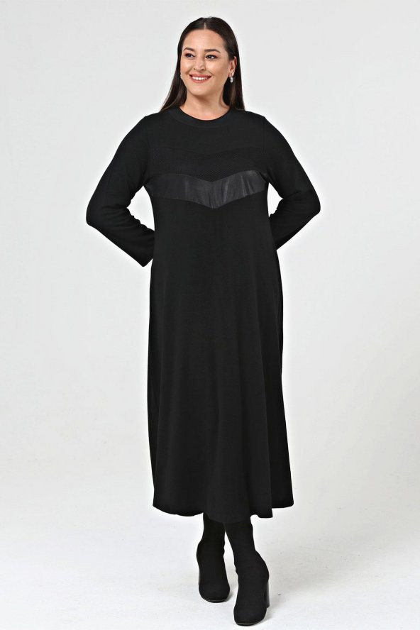 Shine Kadın Evin Büyük Beden Kışlık Deri Detaylı Siyah Elbise
