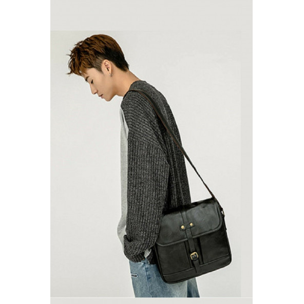 K&M King Men 2022 Trend Erkek Omuz Çanta Poliüretan Deri Öğretmen Öğrenci Evrak Omuz Çantası Siyah - 6