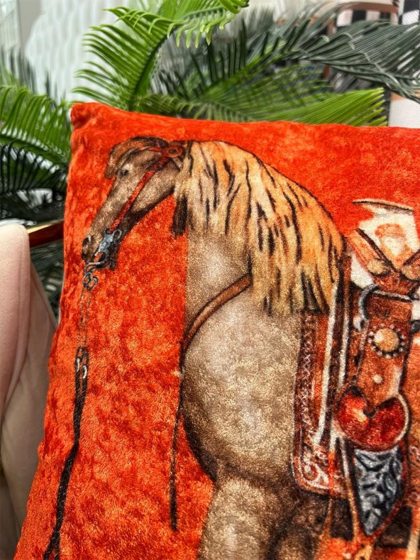 100 Kadife At Desenli Kırlent Yastık Kılıfı (Turuncu)  Turuncu 45 x 45 - 2