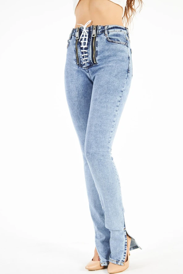 Kadın Yüksek Bel Likralı Slim Fit Kuşgözü Bağcıklı Paça Yırtmaçlı Esnek Kot Pantolon - 3