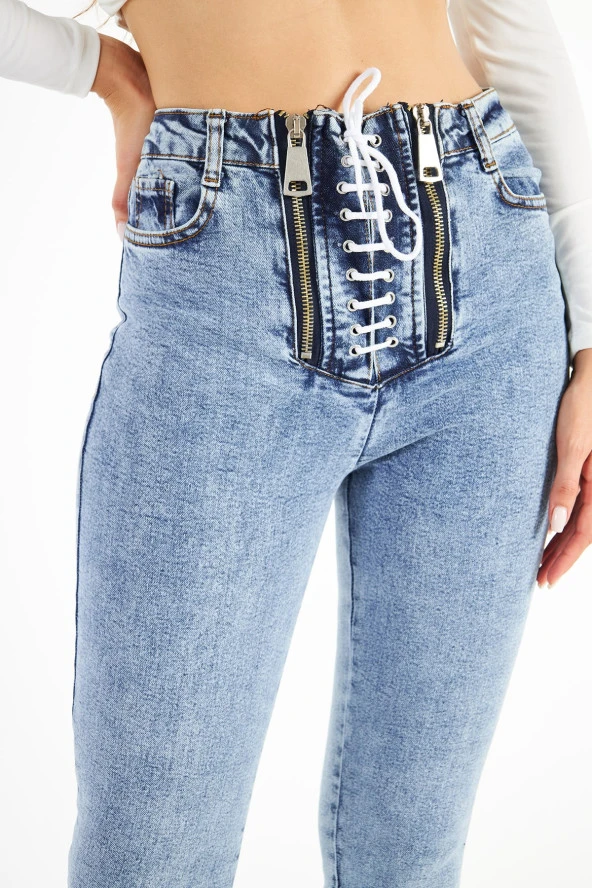 Kadın Yüksek Bel Likralı Slim Fit Kuşgözü Bağcıklı Paça Yırtmaçlı Esnek Kot Pantolon - 4