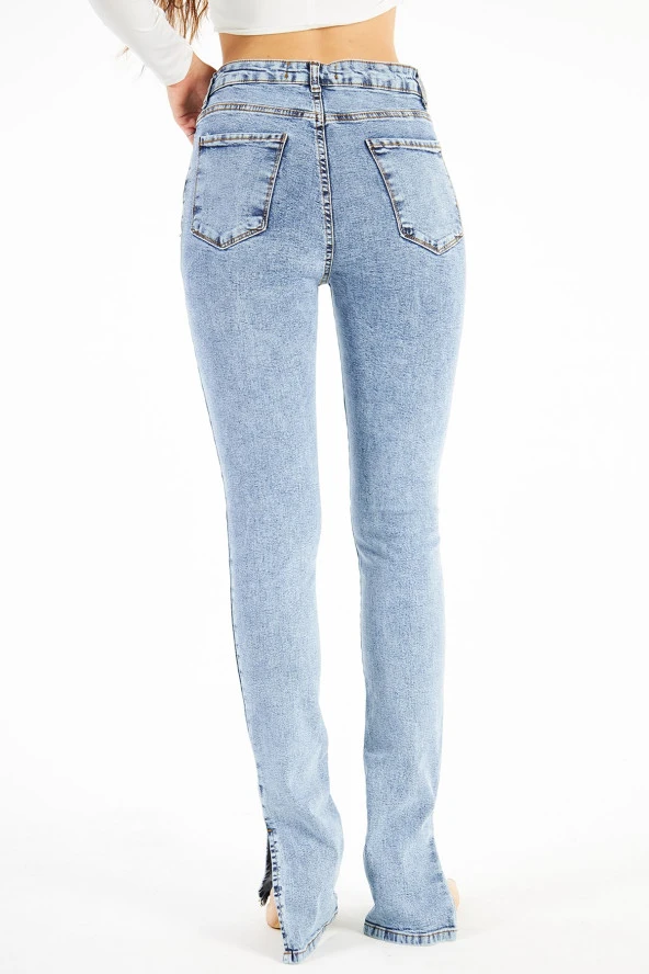 Kadın Yüksek Bel Likralı Slim Fit Kuşgözü Bağcıklı Paça Yırtmaçlı Esnek Kot Pantolon - 6