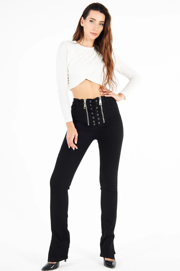 Kadın Yüksek Bel Likralı Slim Fit Kuşgözü Bağcıklı Paça Yırtmaçlı Esnek Kot Pantolon - 7