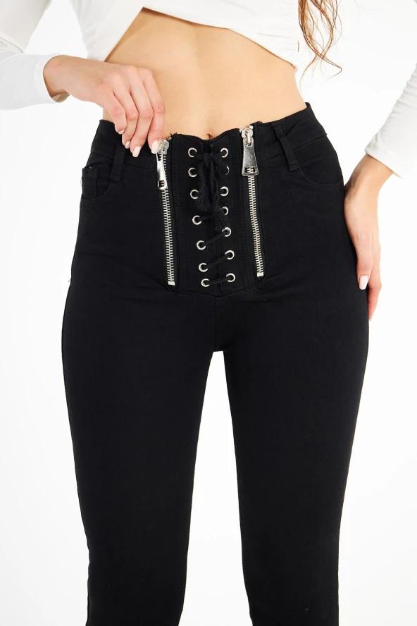 Kadın Yüksek Bel Likralı Slim Fit Kuşgözü Bağcıklı Paça Yırtmaçlı Esnek Kot Pantolon - 8