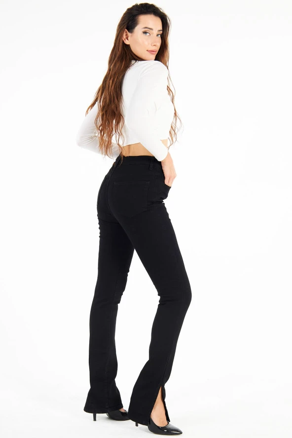 Kadın Yüksek Bel Likralı Slim Fit Kuşgözü Bağcıklı Paça Yırtmaçlı Esnek Kot Pantolon - 10