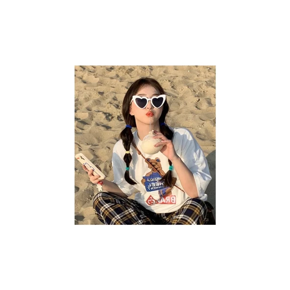 Kalp Çerçeve Güneş Gözlüğü Cat Eye Kalp Gözlük Beyaz Tek Ebat - 2