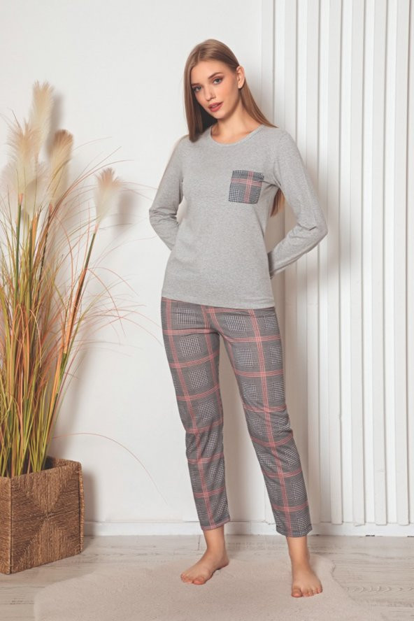 Gri Renk Ekose Desenli Onelight OL-10146 Kadın Kışlık Uzun Kol Pijama Takımı