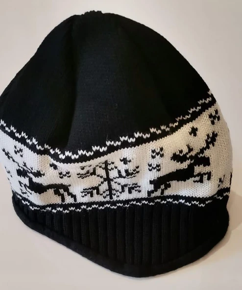 İçi Polarlı Kulaklı Bere Kışlık Bere   Siyah/Kazayağı desenli - 10