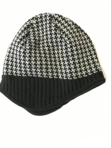 İçi Polarlı Kulaklı Bere Kışlık Bere   Siyah/Kazayağı desenli - 6