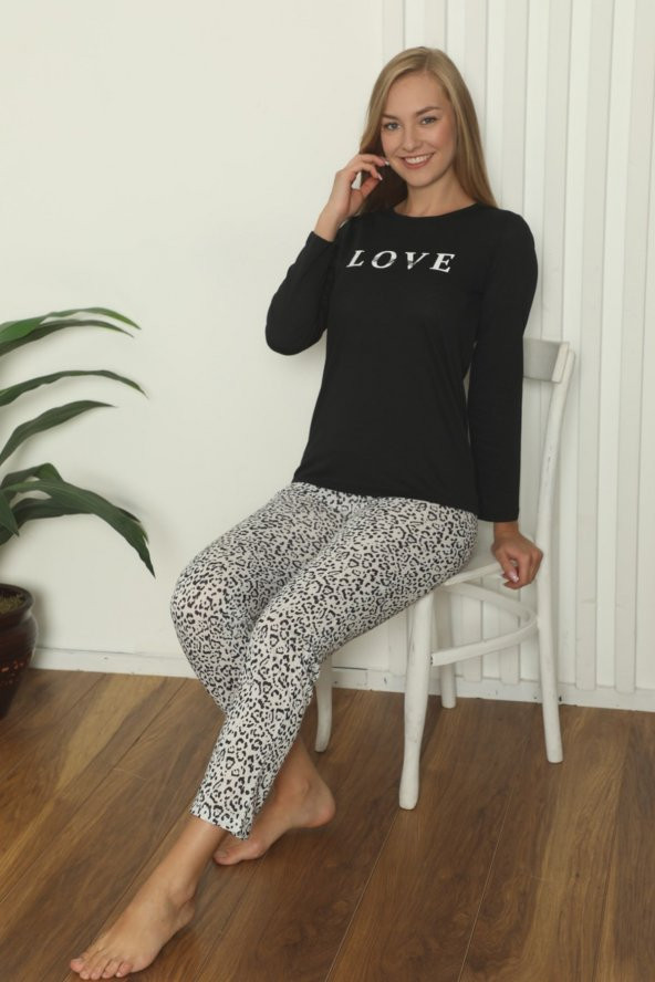 Siyah Renk Puantiyeli Onelight OL-10133 Kadın Kışlık Uzun Kol  Pijama Takımı - 2