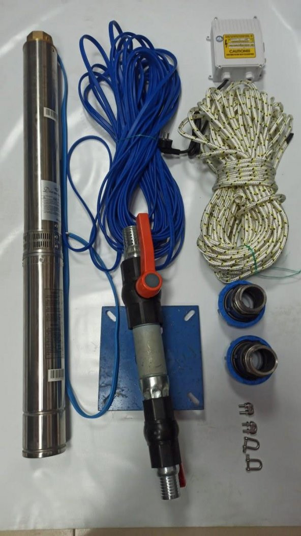 4SDM4/14 1,5 HP ALARKO 20 MT YASSI KABLOLU VE PANOLU 40 MT HALATLI ÇİFT VANALI AKITMA BAŞLIKLI MONOFAZE TAKIM DALGIÇ POMPA ürün görseli 1