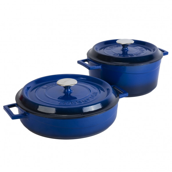Lava 24 Cm Yuvarlak Derin Tencere - 28 Cm Yuvarlak Sığ Mavi Tencere Seti - 2