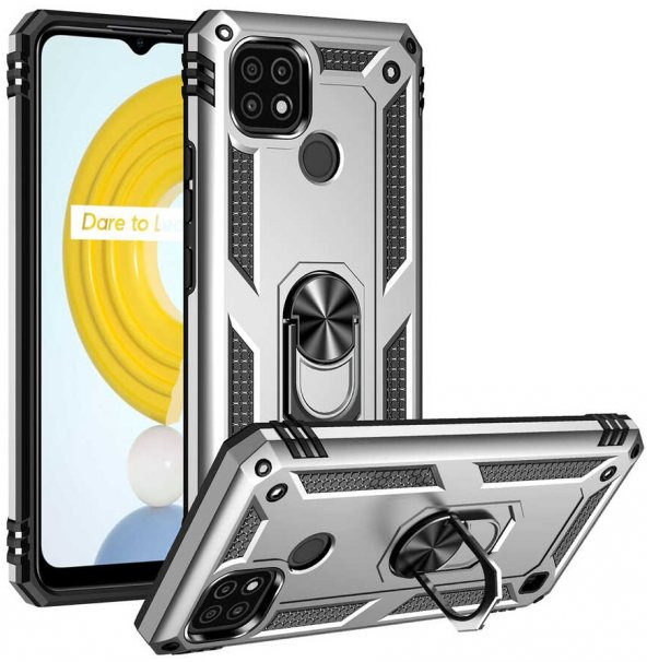 Realme C21 Kılıf Yüzüklü Standlı Tank Zırh Silikon