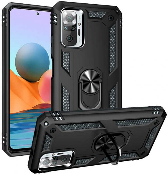 Xiaomi Redmi Note 10 Pro Kılıf Yüzüklü Standlı Tank Zırh Silikon - 5