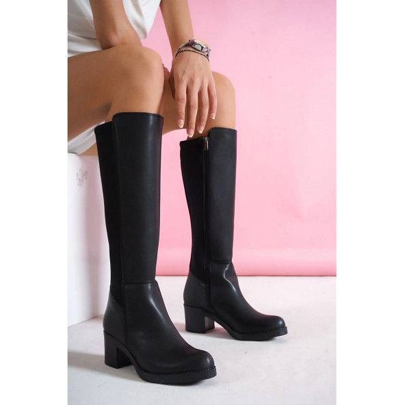 Kadın Sabina Siyah Cilt Topuklu Arka Dalgıç Kumaş Çizme - 2