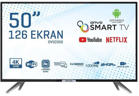 Onvo OV50350 4K Ultra HD 50" 126 Ekran Uydu Alıcılı Smart LED TV