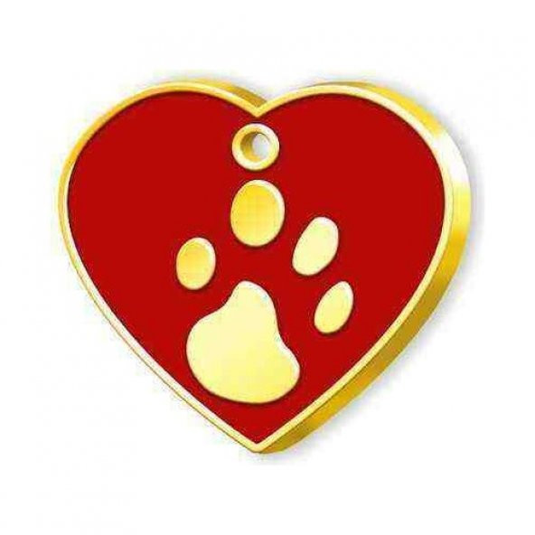 Kalp Şeklinde Altın Kaplama Büyük Köpek Künyesi (Kırmızı)
