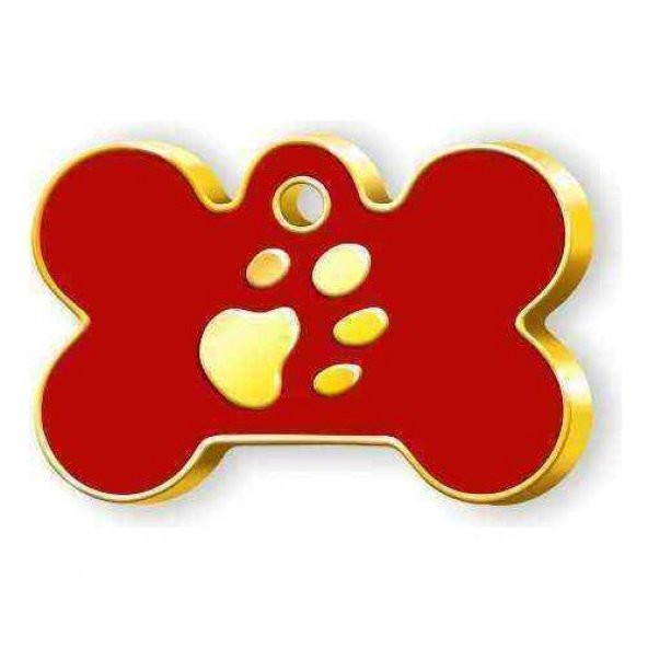 Kemik Şeklinde Altın Kaplama Büyük Köpek Künyesi (Kırmızı)