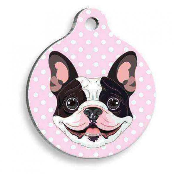 Pembe Puantiyeli French Bulldog Yuvarlak Köpek Künyesi