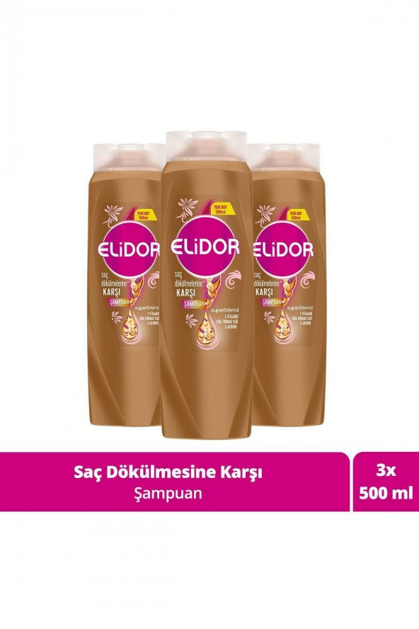 Elidor Superblend Şampuan Saç Dökülmelerine Karşı E Vitamini Chia Tohumu Yağı Arjinin 500 Ml X3