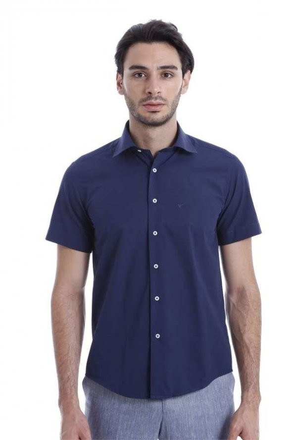 Kısa Kollu Terikoton Slim Fit Lacivert Erkek Gömlek - 3