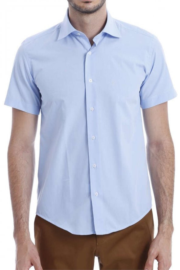 Slim Fit Kısa Kollu Terikoton Mavi Erkek Gömlek