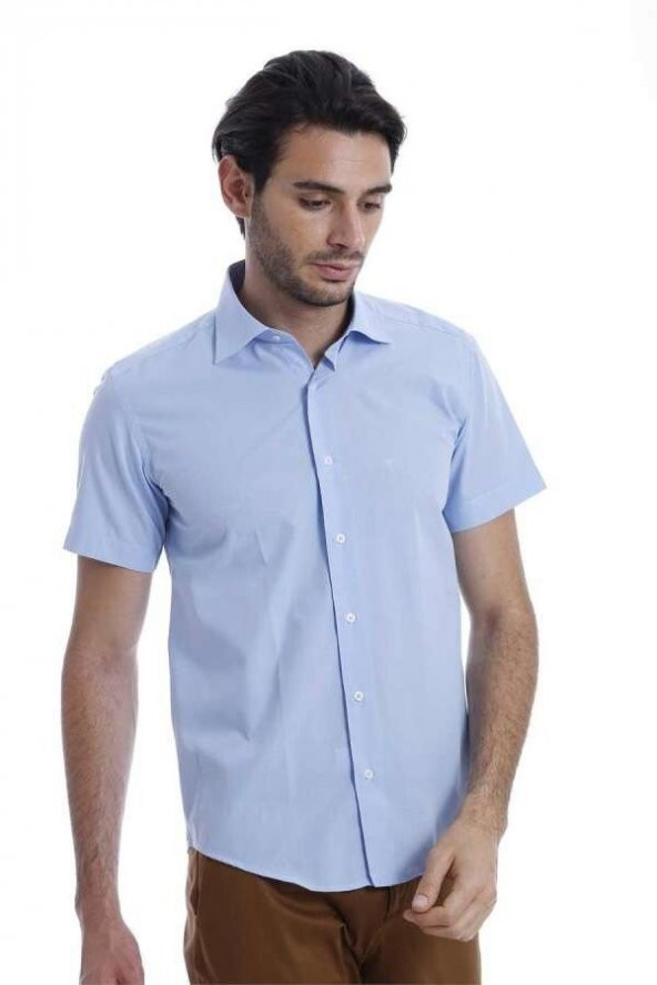 Slim Fit Kısa Kollu Terikoton Mavi Erkek Gömlek - 4