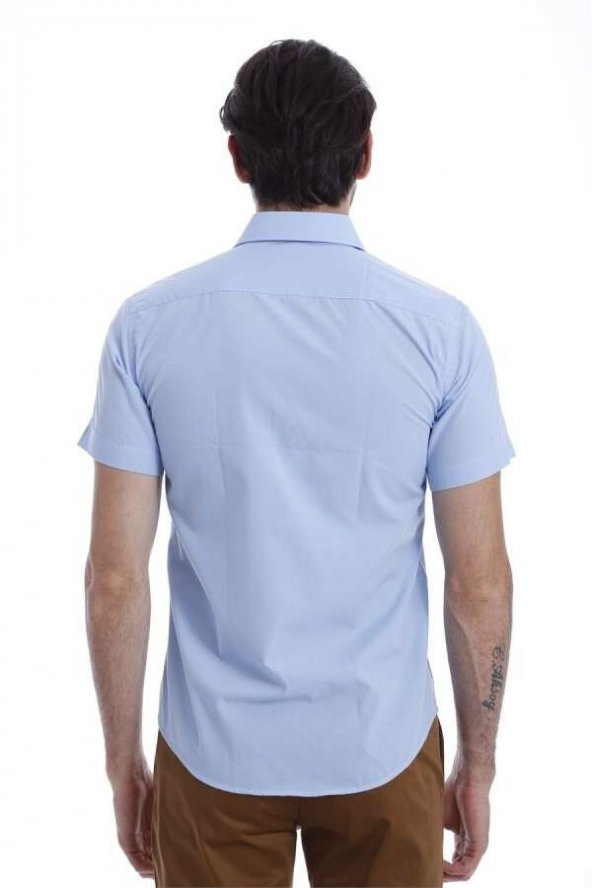 Slim Fit Kısa Kollu Terikoton Mavi Erkek Gömlek - 6