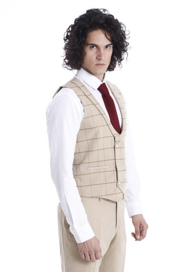 Krem Erkek Yelek Pantolon Takım - 2