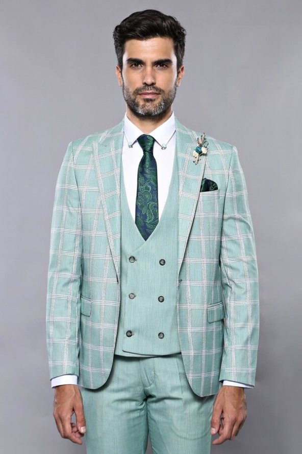 Ekose Ceket Su Yeşili Yelekli Takım Elbise Wessi - 7