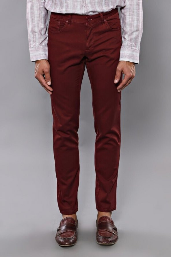 Dar Kesim Desensiz Beş Cepli Bordo Erkek Pantolon - 3