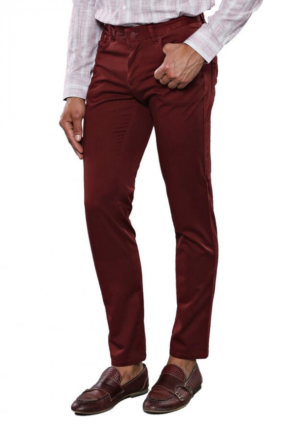 Dar Kesim Desensiz Beş Cepli Bordo Erkek Pantolon - 5