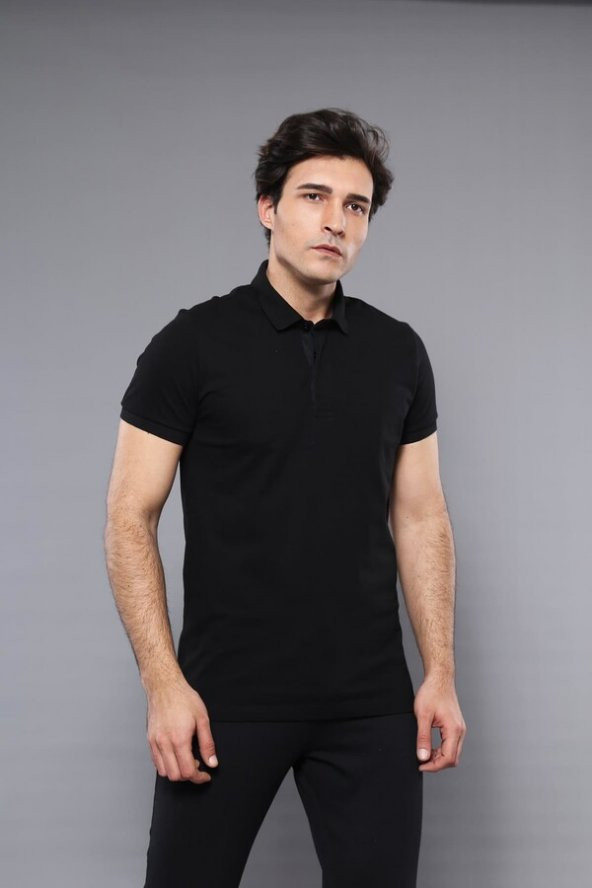 Polo Yaka Düz Siyah T-shirt  Wessi