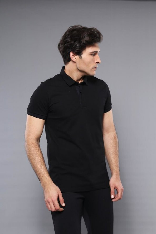 Polo Yaka Düz Siyah T-shirt  Wessi - 2