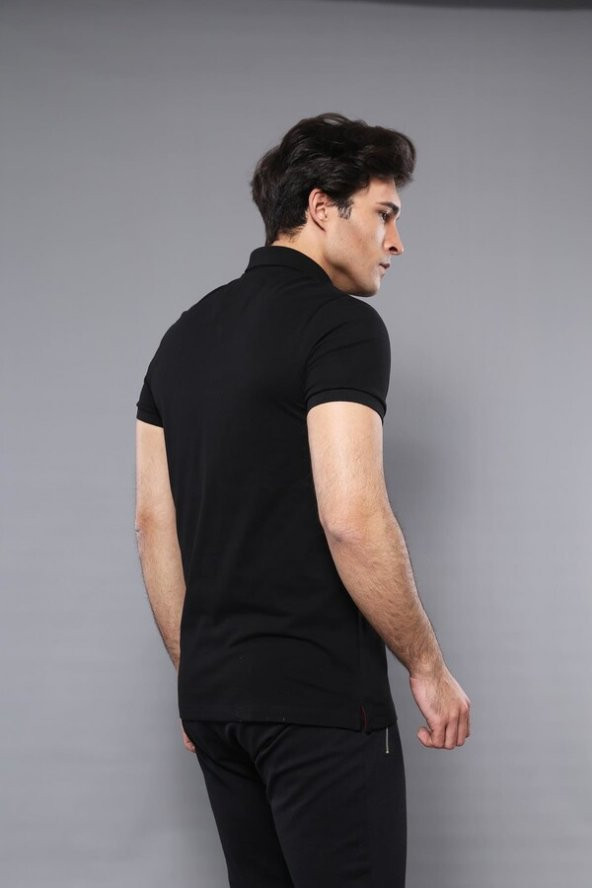 Polo Yaka Düz Siyah T-shirt  Wessi - 3