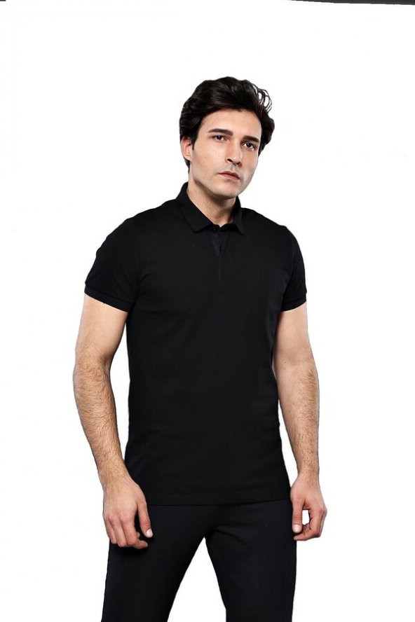 Polo Yaka Düz Siyah T-shirt  Wessi - 4