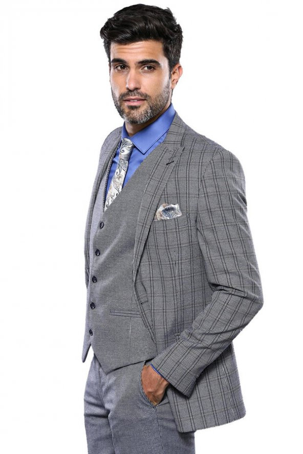 Ekose Lacivert Desen Slim Fit Yelekli Takım Elbise  Wessi - 2
