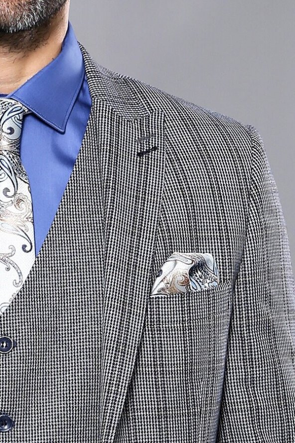 Ekose Lacivert Desen Slim Fit Yelekli Takım Elbise  Wessi - 4