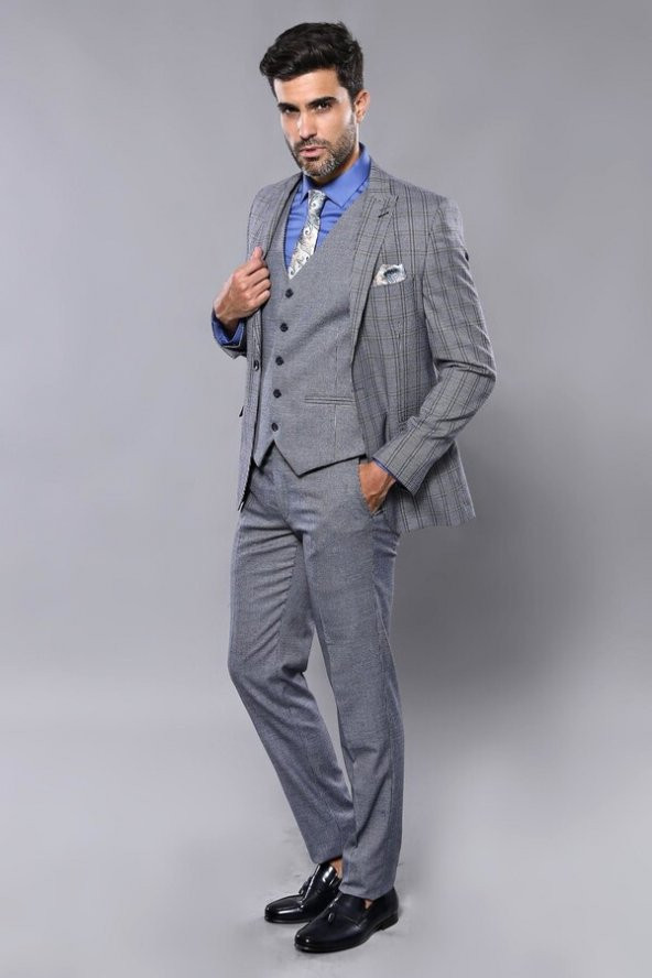 Ekose Lacivert Desen Slim Fit Yelekli Takım Elbise  Wessi - 5