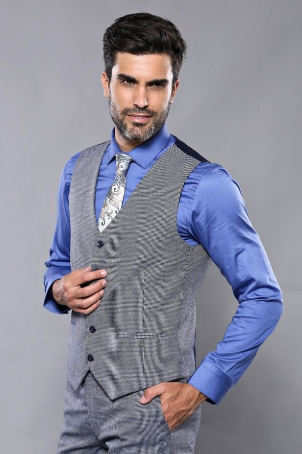 Ekose Lacivert Desen Slim Fit Yelekli Takım Elbise  Wessi - 6